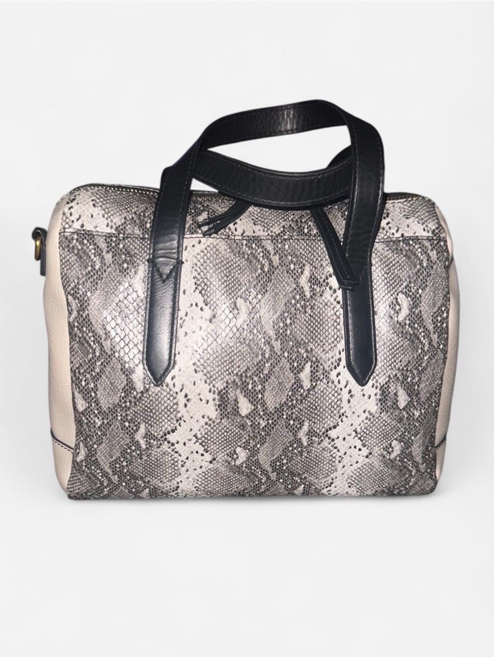 Fossil Snake-Print Satchel with Black Handles and Cream Sides